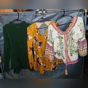 Green Sweater And 2 Floral Blouse Set
